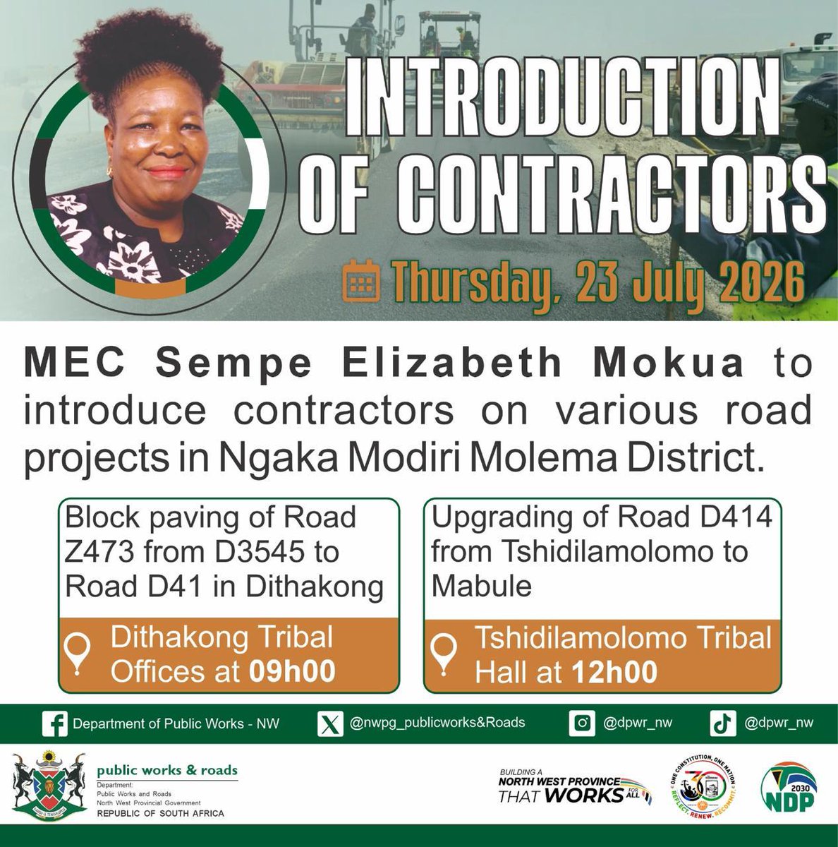 nwpublicworks's tweet photo. [Alert]North West MEC for Public Works and Roads,  Sempe Elizabeth Mokua will tomorrow introduce new contractors for the construction of roads in Dithakong and Tshidilamolomo roads under Ngaka Modiri Molema District Municipality. #NWPG #NWRoads #Dithakong #Mabule #Tshidilamolomo https://t.co/fCCLkS44LZ