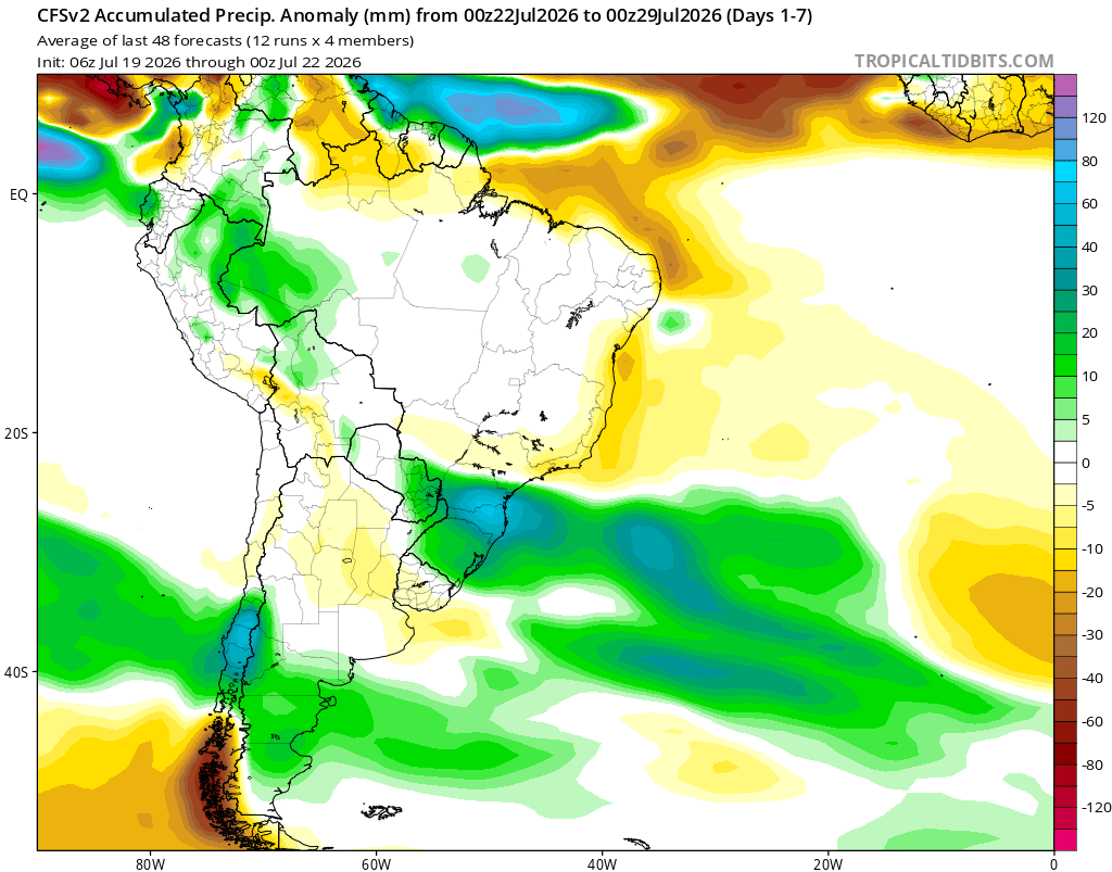 EdoWeatherman's tweet photo. Proyección.

Como se puede ver, la cantidad de agua, durante los próximos días, se concentrará de Maule al sur, mientras el resto de la zona central espera montos normales de precipitación. La región de Coquimbo recibirá algo de lluvia la próxima semana. 
Otro dato relevante es que la cordillera seguirá acumulando nieve, al menos 2 metros más pueden caer. 

Estaré actualizando de ser necesario.