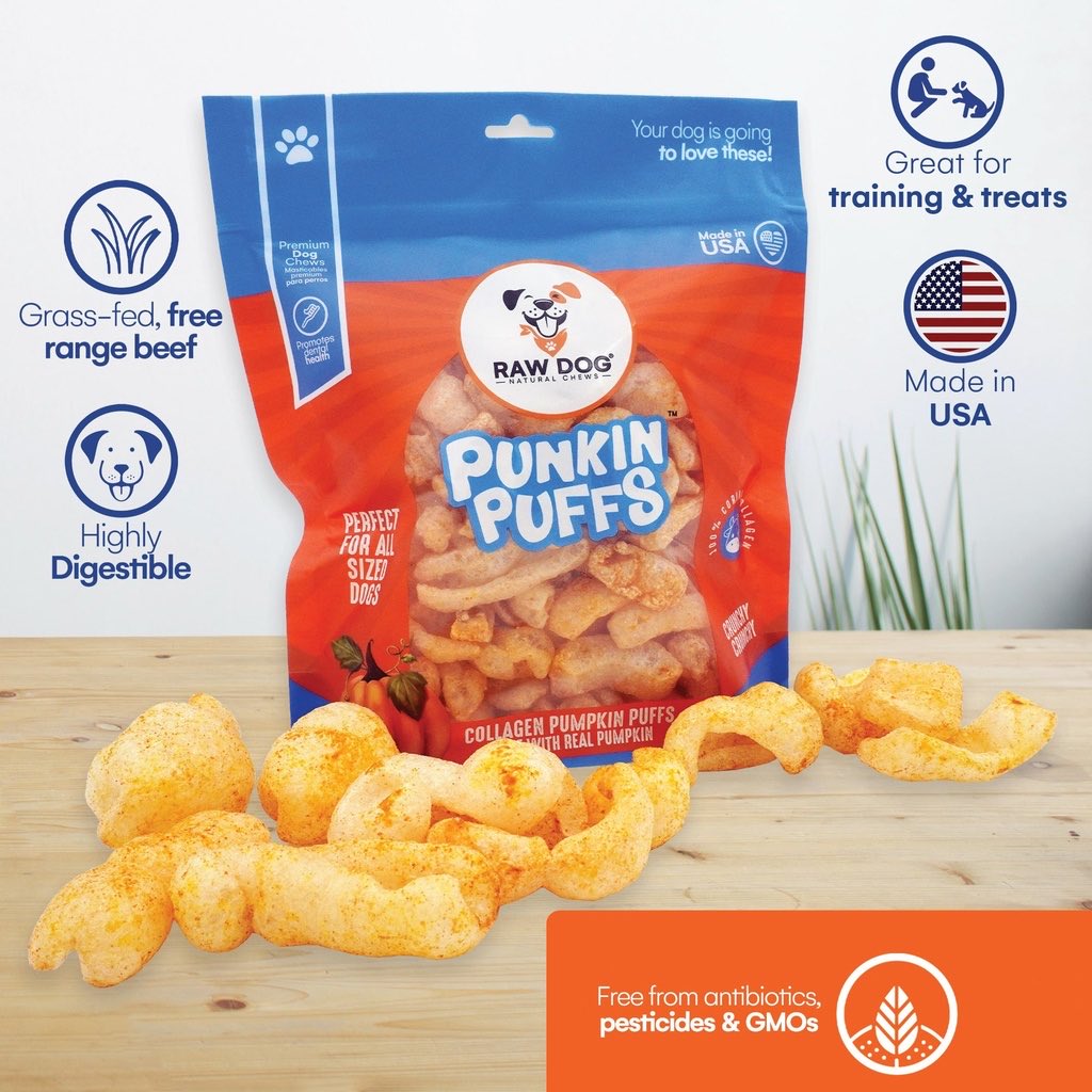 askdrcaryn's tweet photo. Our Raw Dog Crispy Collagen Punkin Puffs, the perfect crunchy reward, are back in stock! Made in the USA with just 3 simple, human-grade ingredients: 100% beef collagen, real pumpkin, and bacon oil. Less than 4 calories per puff. Pumpkin aids digestion and calms the stomach. https://t.co/iddMY8XNWj