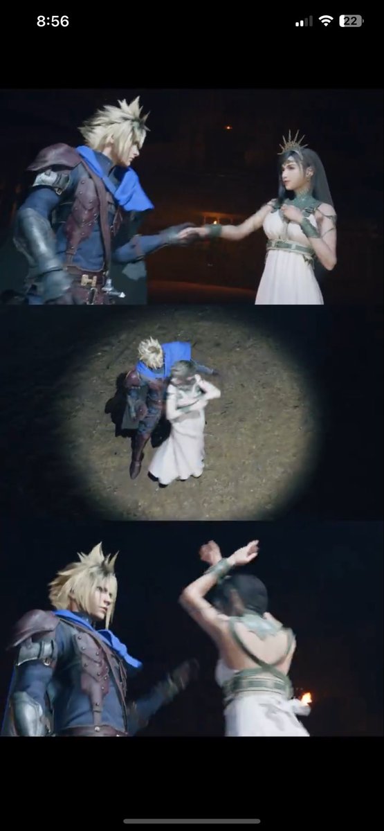 ActuallyCloud's tweet photo. Intelligent fans actually pointed out how Cloud &amp; Aerith are the only ones who got the overhead spotlight shot.

SE deliberately did this to further express that their routine is the most in sync out of all the other girls.

It also matches Jessie’s play routine perfectly. https://t.co/7qqA18SNB3