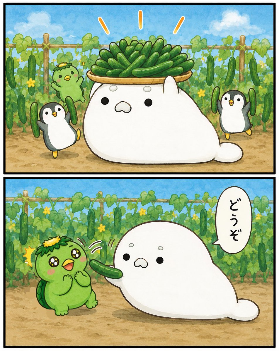 power_azarashi's tweet photo. ぱわふるあざらしマンガ
｢キュウリが豊作🥒｣

 #漫画が読めるハッシュタグ
 #アザラシ  #seal https://t.co/46KS7EmUrx