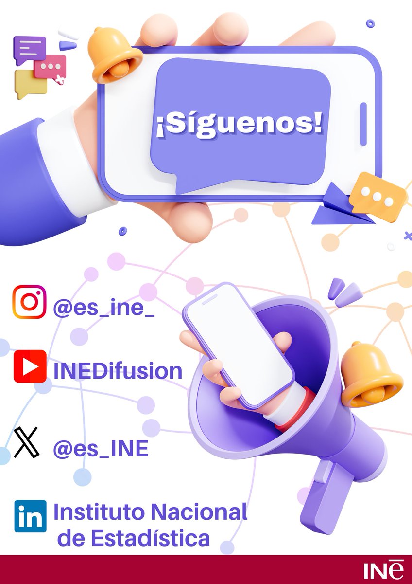 es_INE's tweet photo. 📢📱¿Nos sigues ya en Instagram, LinkedIN, X y Youtube?
Si no es así, ¿a qué esperas?👇🏼@es_INE
¡Síguenos en nuestras #redessociales y entérate de las novedades estadísticas! 🧑💻
#RRSS #estadistica https://t.co/FNpE59Ewja