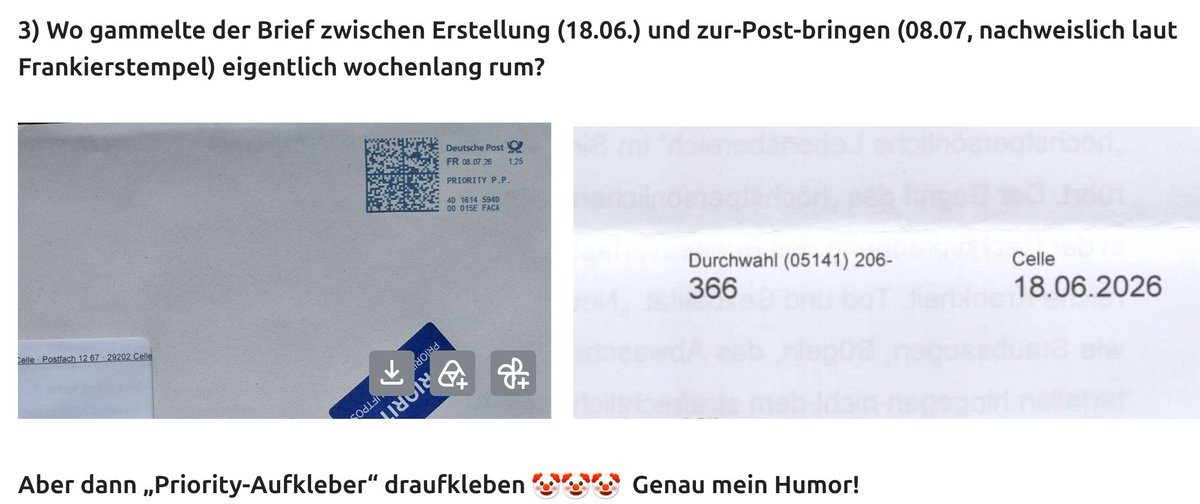Aarefrank's tweet photo. @HGMaassen @TDrygala @winkelsdorf @van_eckert @SHomburg @jannibal_ @AfdHannover @BILD_Hannover @ZukunftHannover @CDUHannoverLand @spdhannover @spdbzhannover @AfDHannoverRAT @AfDHannoverLand Noch absurder und unprofessioneller ist im Hause Katrin Ballnus (GStA Celle) nur der Postversand:

„He, der ganze Bumms verjährt ja auch erst in ~4 Monaten [nach >2½ Jahren rumgammeln+weglügen von FÜNF (!) StAs…] Was sind da schon 3 Wochen nicht-abschicken?“

#Hannover #Celle https://t.co/Iu2zDRyTy4