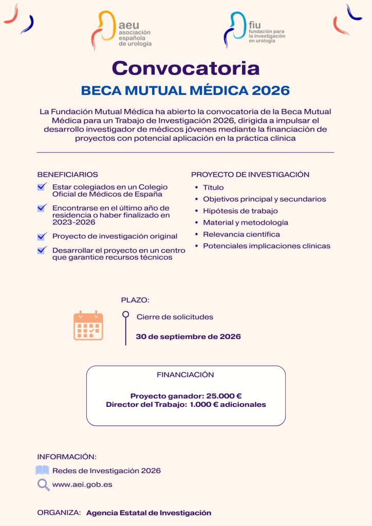 InfoAeu's tweet photo. 🎓 La Fundación Mutual Médica abre la convocatoria de la Beca para un Trabajo de Investigación 2026, dirigida a médicos en el último año de residencia o que hayan finalizado el MIR entre 2023 y 2026.

📅 Solicitudes hasta el 30 de septiembre.

🔗 Consulta las bases y presenta tu candidatura.
https://t.co/0cjMbw61N9

#AEU #Investigación #Becas #MIR #somosaeu #somosurólogos #somosurólogas #marcaaeu