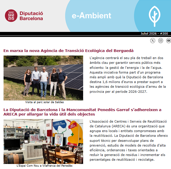 AccioClimaDIBA's tweet photo. 🆕Darrer butlletí eAmbient abans de les vacances 🏖️🌻
☀️🔋En portada la nova Agència de Transició Ecològica del Berguedà i l'adhesió de la @diba a ARECA  ♻️🔗https://t.co/YmuIa3IZjq https://t.co/mQILoFxrIx