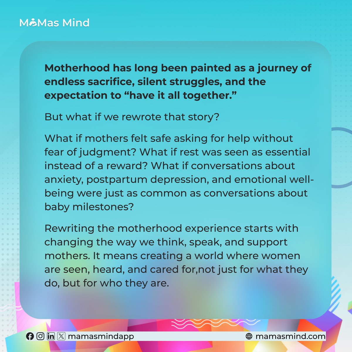 mamasmindapp's tweet photo. It’s time to rewrite the narrative, one where asking for help is a sign of strength, mental health is prioritized, and every mother knows she is worthy of support.
Join us in creating a world where no mother feels unseen or unsupported. https://t.co/IXDMx2g0fa