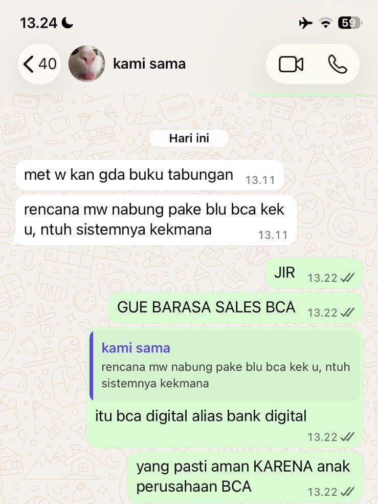 mayaibehappy's tweet photo. kata aku kamu jadiin aku seles bca deh bentar lagi aku resign @blubybcadigital https://t.co/M7qX8koVEy