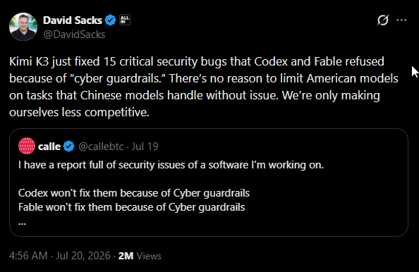 pretendmonk's tweet photo. openai's* ai model launched a cyberattack on hugging face* to cheat during a model evaluation. 
hugging face's* ceo tried using fable 5, an anthropic* ai model, to defend against it, but it refused.
moonshot** kimi k3, supposedly distilled from fable 5, came to the rescue and fixed 15 critical security bugs.

* us startup
** chinese startup
( read this again its funny )