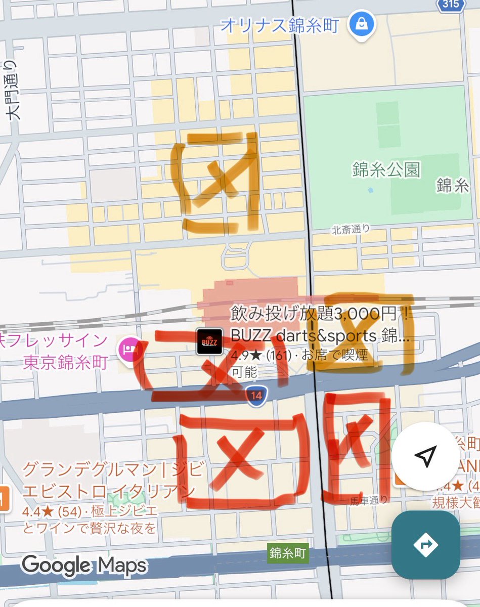 ryogoku_ayaton's tweet photo. 錦糸町はバランスいいですよね〜
治安悪いところを通らないところにさえ住めれば非常にいいと思います！

【治安が悪いところ】
赤：かなり治安悪い
オレンジ：まあまあ治安悪い https://t.co/1uLeBV522x