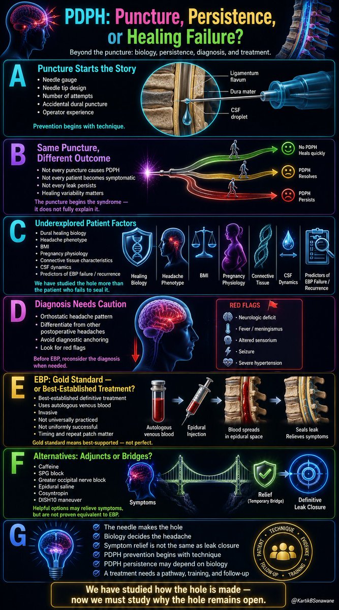 KartikBSonawane's tweet photo. 🧠 PDPH: PUNCTURE, PERSISTENCE, or HEALING FAILURE?
#PDPH #PostDuralPunctureHeadache #DuralPuncture #CSFLeak #EpiduralBloodPatch #HealingBiology #PatientSusceptibility #RegionalAnaesthesia
#RegionalAnesthesia #GrayZonesInRA #GrayAreasInRA
GRAY ZONES in RA:
🔸PDPH is familiar to every anesthesiologist.
🔸But it may not be only a puncture problem.
🔸It may also be a story of persistent CSF leak, delayed dural sealing, patient biology, diagnosis, and pathway-based care.
🟥 A. PUNCTURE STARTS THE STORY
🔸 Needle gauge matters
🔸 Needle tip design matters
🔸 Number of attempts matters
🔸 Accidental dural puncture matters
🔸 Operator experience matters
🔸 Technique remains important
PDPH prevention begins with technique, but technique does not explain everything.
🟧 B. SAME PUNCTURE, DIFFERENT PATIENT
🔸 Some remain asymptomatic
🔸 Some develop mild headache
🔸 Some develop severe disability
🔸 Some recover quickly
🔸 Some have persistent symptoms
🔸 Some need EBP
The puncture begins the syndrome, but patient response shapes the outcome.
🟨 C. PERSISTENCE DECIDES THE BURDEN
🔸 Dural rent may seal early
🔸 CSF leak may continue
🔸 Symptoms may persist
🔸 Disability may increase
🔸 Conservative treatment may fail
🔸 Escalation may be needed
PDPH burden depends not only on the hole, but on why the hole remains open.
🟩 D. PATIENT BIOLOGY IS UNDEREXPLORED
🔸 Dural healing biology
🔸 Connective tissue characteristics
🔸 Headache phenotype
🔸 Pregnancy physiology
🔸 BMI
🔸 CSF pressure dynamics
🔸 Predictors of EBP failure
🔸 Risk of recurrence
The patient may be as important as the puncture.
🟦 E. DIAGNOSIS NEEDS CAUTION
🔸 Orthostatic pattern matters
🔸 Timing matters
🔸 Severity matters
🔸 Associated symptoms matter
🔸 Differential diagnosis matters
🔸 Diagnostic anchoring should be avoided
Diagnose PDPH early, but do not label every post-neuraxial headache as PDPH.
🟪 F. RED FLAGS MUST REOPEN THE DIAGNOSIS
🔸 Neurological deficit
🔸 Fever or meningism
🔸 Altered sensorium
🔸 Seizure
🔸 Severe hypertension
🔸 Non-postural headache
🔸 Worsening headache pattern
🔸 Poor response to usual care
Red flags should never be hidden under the label of routine PDPH.
🟫 G. EBP REMAINS BEST ESTABLISHED
🔸 Uses autologous venous blood
🔸 Provides epidural tamponade
🔸 May seal the CSF leak
🔸 Often gives rapid relief
🔸 Timing matters
🔸 Repeat patch may be needed
🔸 Effective, but not perfect
EBP is best-established, but not universally successful.
⬛ H. GOLD STANDARD DOES NOT MEAN PERFECT
🔸 Invasive procedure
🔸 Needs trained hands
🔸 Not universally practiced
🔸 May fail
🔸 Symptoms may recur
🔸 Long-term outcomes need clarity
Gold standard means best-supported, not flawless.
🟥 I. ALTERNATIVES ARE BRIDGES, NOT EQUALS
🔸 Caffeine
🔸 Hydration
🔸 Analgesics
🔸 Sphenopalatine ganglion block
🔸 Greater occipital nerve block
🔸 Epidural saline
🔸 Cosyntropin
🔸 DISH10 maneuver
Symptom relief is not always leak closure.
🟧 J. PATHWAY IS AS IMP AS PATCH
🔸 Early recognition
🔸 Patient counseling
🔸 Disability assessment
🔸 Red flag screening
🔸 Clear EBP criteria
🔸 Trained performer
🔸 Follow-up plan
🔸 Documentation and audit
A gold-standard treatment needs a gold-standard pathway.
🎯 KEY TAKEAWAYS
🔹 The needle makes the hole
🔹 Patient biology decides the headache
🔹 Persistence decides the burden
🔹 Diagnosis needs caution
🔹 Red flags must be respected
🔹 EBP is best-established, not perfect
🔹 Alternatives are bridges, not equals
🔹 Pathway improves safety and consistency
🔥 PDPH PREVENTION begins with technique, PERSISTENCE may depend on biology, and TREATMENT needs evidence, training, and pathway.
🔥We have studied how the hole is made.
Now we must study why the hole remains open.