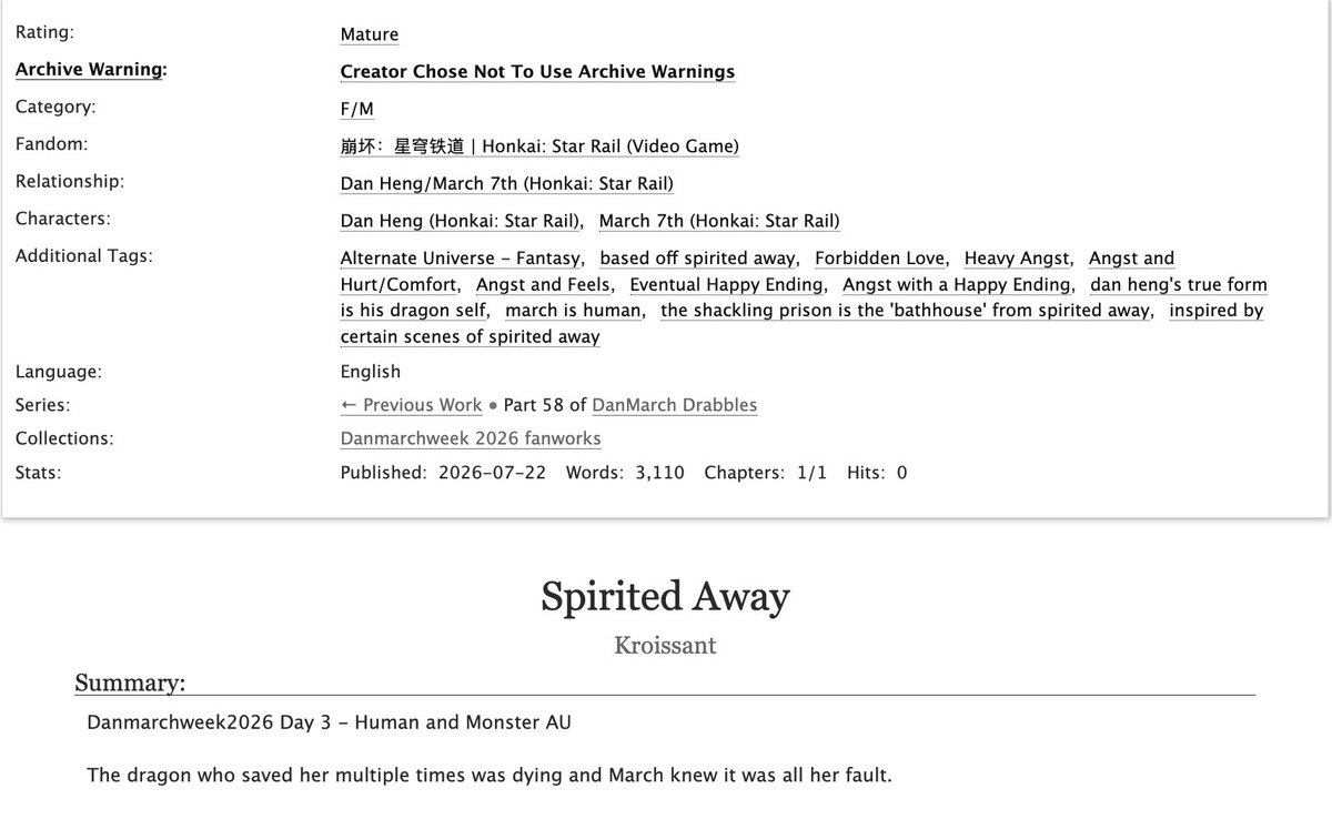 Kroissant4's tweet photo. Here we go again, round 3!
Here's my third submission for #danmarchweek2026!

🐉 3.1k word count
🐉 heavy angst/hurt and comfort
🐉 based off spirited away (studio ghibli)
🐉 forbidden love
Link is down below!
Enjoy reading!

https://t.co/3sejChKdHf https://t.co/7Jja7ljrc5