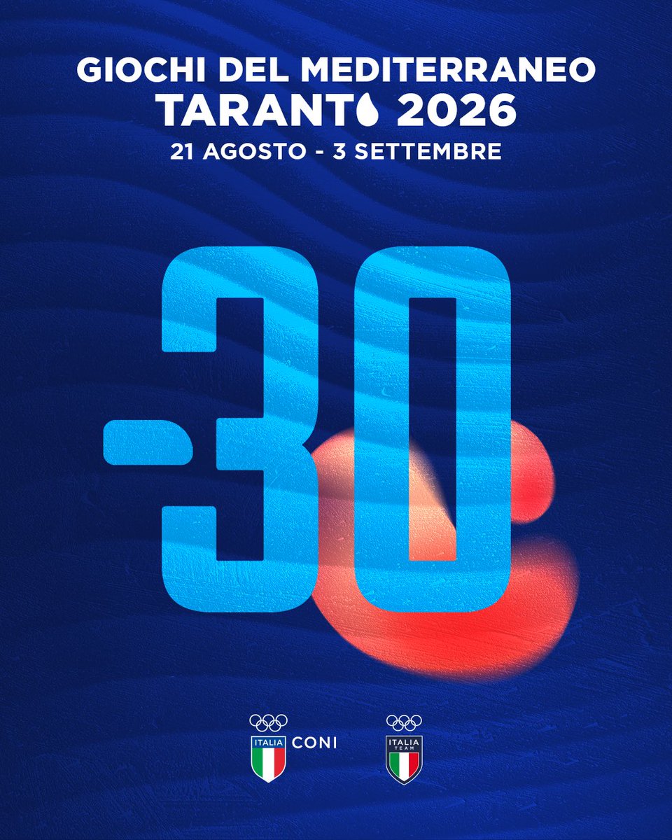 Coninews's tweet photo. Manca meno di un mese! ⏱️🔥

Dal 21 agosto al 3 settembre l'Italia ospita i Giochi del Mediterraneo Taranto 2026 🇮🇹🌊

14 giorni di sport, 26 nazioni, un solo mare. Siete pronti? 💙

#Ta2026 #ItaliaTeam #MediterraneanGames

@taranto2026 https://t.co/5ELuwZg8a1