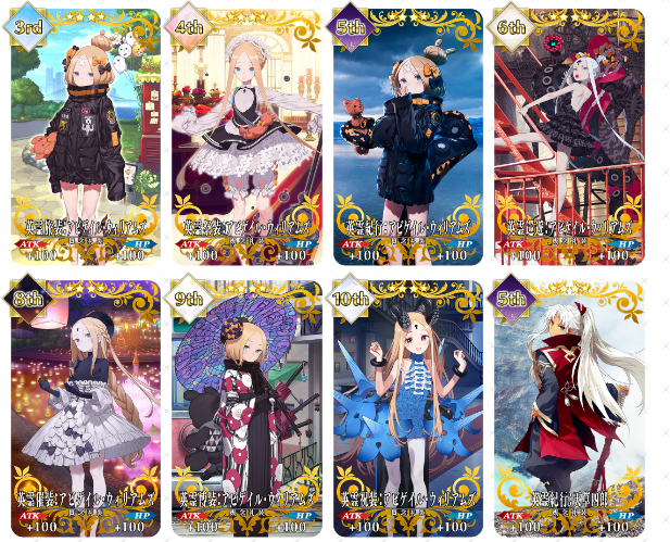 FateGrandOrder's tweet photo. 周年の概念礼装…だれが一番多いのか数えてみたら

アビーちゃんが7枚も出てる！（※真名・クラス違いは除く）

#FGO https://t.co/75gBCl7Pdz