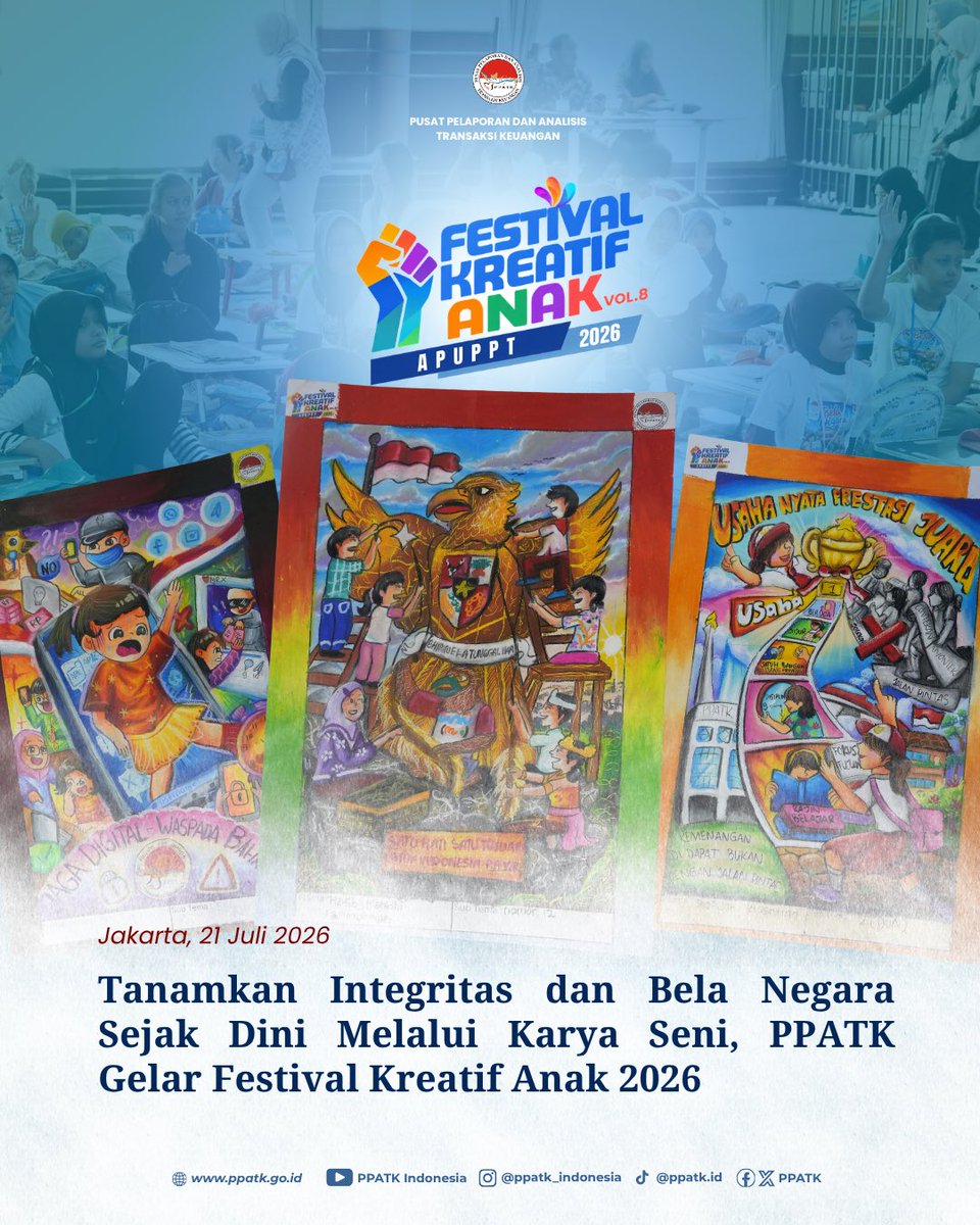 PPATK's tweet photo. Halo #FIUtizen!

Pusat Pelaporan dan Analisis Transaksi Keuangan (PPATK) sukses menyelenggarakan acara puncak kompetisi desain poster dalam rangkaian Festival Kreatif 2026 pada Selasa, 21 Juli 2026. Kegiatan yang mengusung tema “Anak Hebat Indonesia Emas: Aksi Kecil untuk Negeri” ini bertujuan menjadi sarana edukasi kreatif bagi generasi muda untuk memahami nilai kejujuran, tanggung jawab, dan kepedulian terhadap lingkungan negara.

Acara ini dibuka secara resmi oleh Direktur Hukum dan Regulasi PPATK, Muhammad Novian. Dalam pembukaannya, beliau menekankan pentingnya pendekatan edukasi yang sederhana dan menarik agar anak-anak dapat memahami bahaya tindak pidana pencucian uang (TPPU) serta pencegahan pendanaan terorisme (APUPPT) melalui media visual.

Turut hadir dalam pembukaan perwakilan dari penyedia jasa keuangan (PJK) sebagai bentuk kolaborasi antar-stakeholder, antara lain Alvin Kusuma Ekaliptiadi (CEO Office Seabank) bersama tim, serta Fathy Januamirda dari Unit APUPPT Bank Jakarta.

Hingga hari pelaksanaan, tercatat sebanyak 107 peserta telah terjaring dan dinyatakan berhak mengikuti perlombaan menggambar poster ini. Mereka berkompetisi menyampaikan gagasan positif melalui karya visual yang relevan dengan subtema seperti "Kenali Uangmu, Jaga Masa Depanmu" dan "Uang Bersih, Prestasi Bersih".

Proses penilaian karya dilakukan secara ketat oleh dewan juri ahli yang terdiri dari Guntur Wibowo, Budhi Pramana, dan Irwan Wantja. Kriteria penilaian mencakup kesesuaian dengan tema, orisinalitas karya, serta kemampuan teks dan visual dalam menyampaikan pesan edukatif secara efektif.

Melalui kegiatan ini, PPATK berharap dapat melahirkan generasi Indonesia yang jujur dan berani melakukan aksi kecil sebagai wujud bela negara sejak dini. Seluruh karya pemenang dan peserta terpilih nantinya akan dipublikasikan dan dimanfaatkan oleh PPATK sebagai materi kampanye publik serta media literasi untuk meningkatkan kesadaran masyarakat mengenai pentingnya menjaga integritas keuangan nasional.

#FestivalKreatifAPUPPT #PPATK