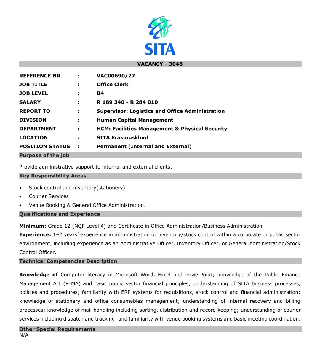 CarolBoitumelo1's tweet photo. SITA is hiring »»»» Office Clerk

ONLY MATRIC NEEDED

SALARY: R189,340 - R284,010 per year 

📌 OFFICE CLERK 

Requirements
* Grade 12 (NQF Level 4) and Certificate in Office Administration/Business Administration.
1–2 years’ experience in administration or inventory/stock control within a corporate or public sector environment.

Closing Date: 27 July 2026 

For more details and how to apply 

Apply Online: https://t.co/NNSHPh4Gmv