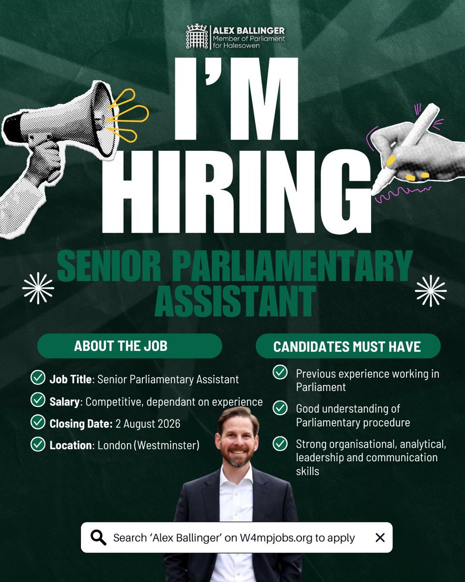 AlexBallingerMP's tweet photo. I'm hiring for a Senior Parliamentary Assistant! 📣 

If you have previous experience working in Parliament and you're a strong communicator with good organisational skills, this could be the role for you! 

Search 'Alex Ballinger' on W4MP Jobs to apply. https://t.co/J50wsR1OC2