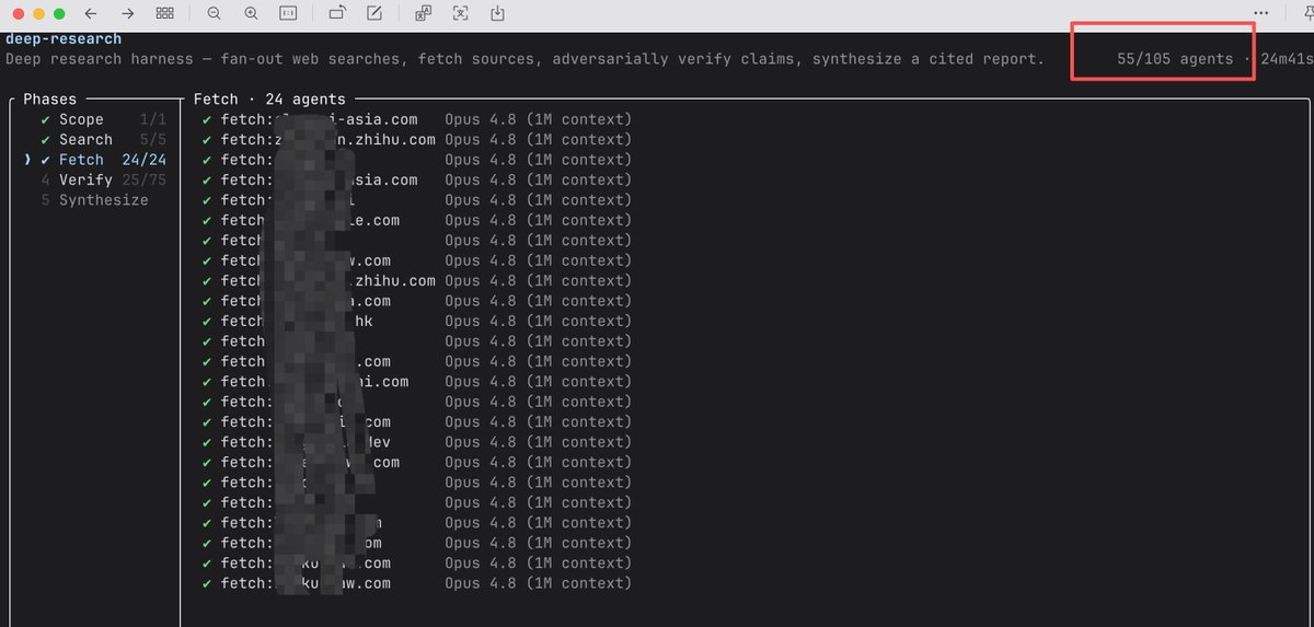 ihuanzhao's tweet photo. 第一次见到了Claude Code做DeepResearch 启动了105个agents, 半个小时把5个小时的额度用满。 https://t.co/kHGCRvAXOb