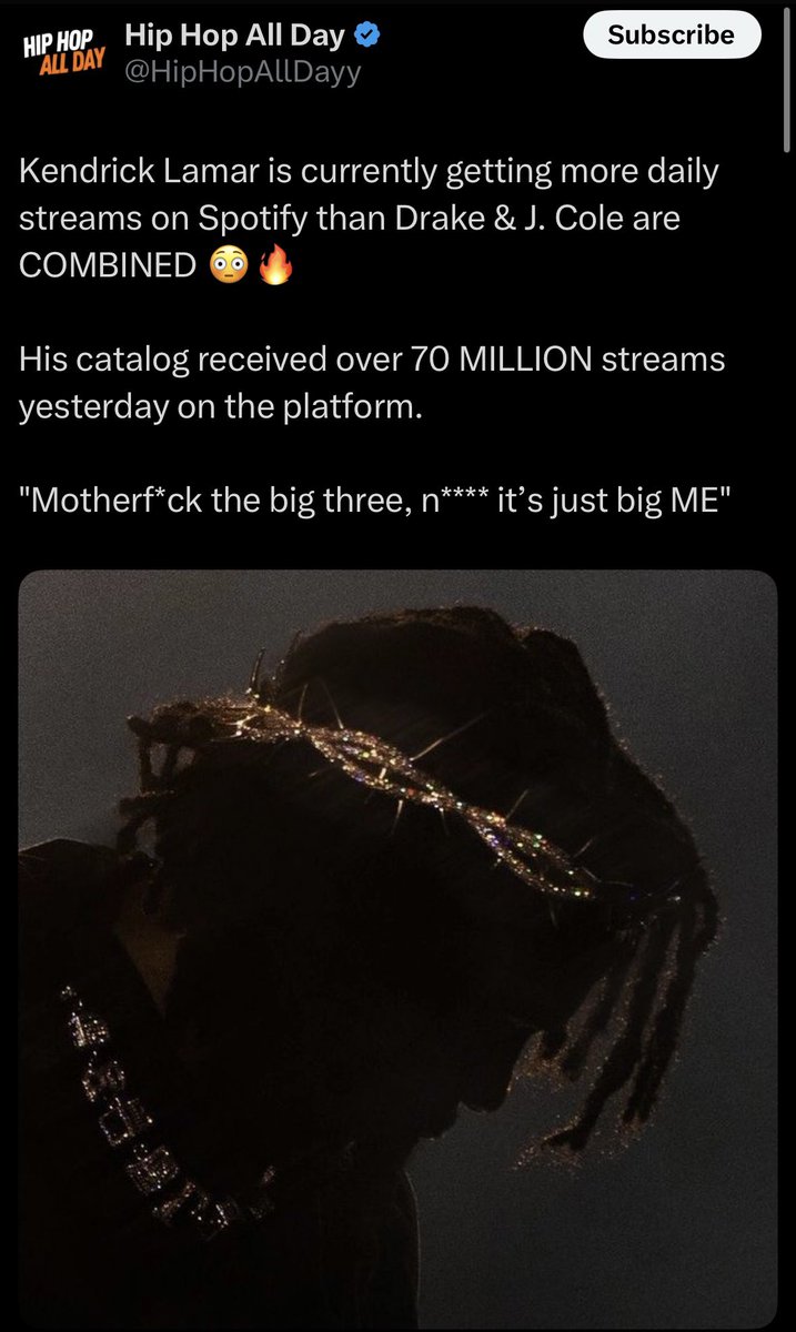 Kayswayx2's tweet photo. Damn. 70 million streams a day… now it’s down to 13 million daily, And Nobody got questions for niggas? 😭😭😭

That’s one hell of a drop, drop, drop..! https://t.co/6tEKfH8HH8