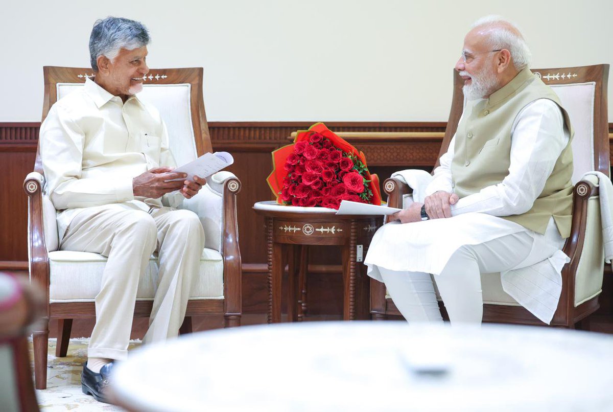 ncbn's tweet photo. Honoured to meet Hon'ble Prime Minister Shri Narendra Modi Ji in New Delhi today.

I had the privilege of inviting the Hon'ble Prime Minister to Andhra Pradesh for the inauguration of Alluri Sitarama Raju International Airport, Bhogapuram. Named after the legendary freedom fighter Shri Alluri Sitarama Raju Garu, the airport stands as a tribute to his enduring legacy of courage, sacrifice, and patriotism.

Under the visionary and reform-driven leadership of Hon'ble Prime Minister Shri Narendra Modi Ji, India's civil aviation sector has witnessed a remarkable transformation. His vision of making air travel accessible and affordable has enabled millions of our citizens to fulfil their dream of flying. The inauguration of this airport will give wings to the aspirations of Uttar Andhra, unlocking new opportunities for connectivity, tourism, trade, and economic growth.

Guided by his leadership, India is steadily advancing towards the goal of Viksit Bharat. Andhra Pradesh remains committed to contributing meaningfully to this journey by building a Swarna Andhra Pradesh.
@narendramodi