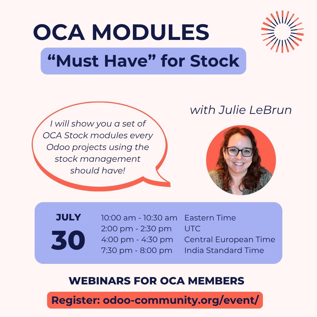 OdooCommunity's tweet photo. Next week, come to the #OdooCommunityAssociation webinar and discover a set of MUST HAVE OCA modules for #Stock Management every project should use.
π
July 30, 2026 at 14h00 UTC
ποΈ Registration: https://t.co/bMUFfUswan
Free for #OCA members
#OdooCommunity #Odoo #Inventory https://t.co/GZlz6byW6T