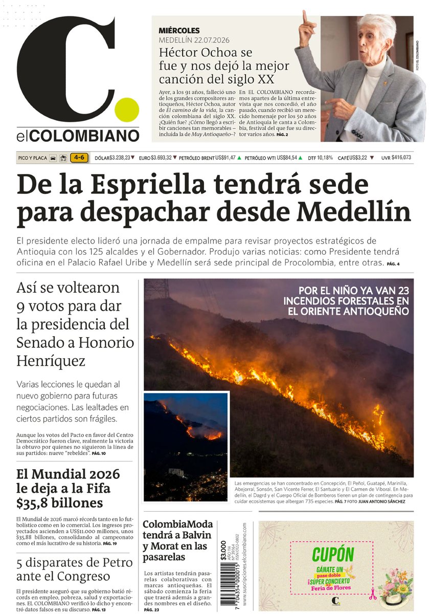 elcolombiano's tweet photo. ¡Buenos días! ☀️ Compartimos la #PortadaEC 🗞️ de este miércoles, 22 de julio. Nos vemos en ➡️ https://t.co/11QZUnhezI con más noticias de Antioquia, Colombia y el mundo. 🌎 https://t.co/6YIALzNZNs