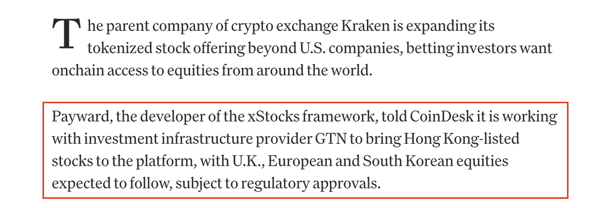 WuBlockchain's tweet photo. Kraken Parent Expands xStocks Beyond U.S. Equities to Hong Kong, UK and South Korea

Kraken parent Payward is partnering with investment infrastructure provider GTN to bring Hong Kong-listed stocks to xStocks, with UK, European and South Korean equities expected to follow, subject to regulatory approval. GTN will provide execution, custody and recordkeeping for the securities backing the tokens.