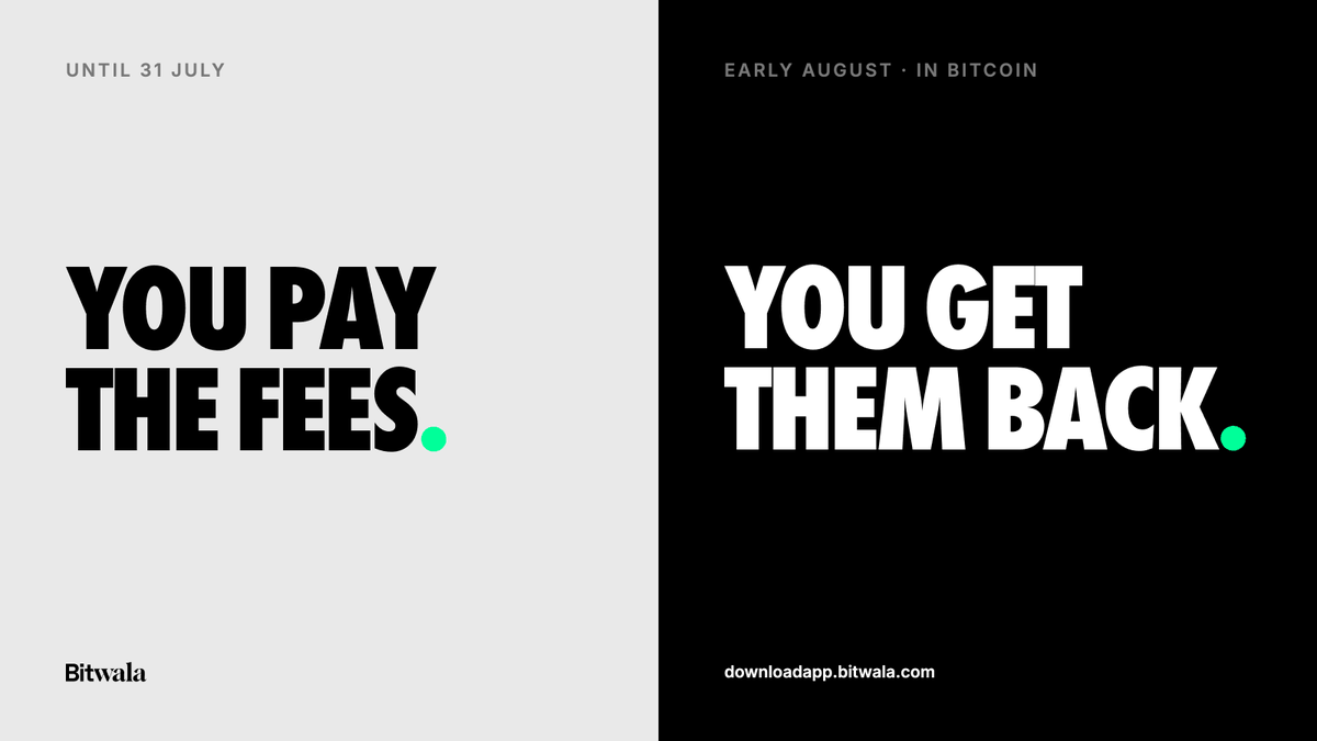 Bitwala's tweet photo. Fee-Free Month ends 31 July. Join Bitwala before then and every fee you pay this month comes back in Bitcoin, early August.

The maths: 

A virtual card costs €0.99. Trades run €1 + 1% each. Paying with crypto on the Card is €0.20 + 1% a time, and an ATM run is €2 + 1%. 

By the 31st you might have paid €20, €40, maybe more if you're busy. And all of it comes back to your Wallet in BTC.

Last round. There's no August version.