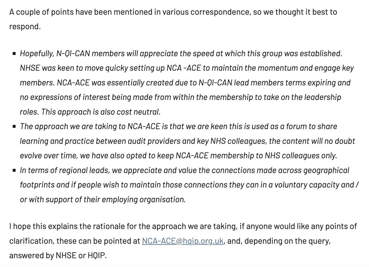 cascleicester's tweet photo. Sad to announce that NQICAN, the national network that supported clinical audit staff for >25 years is no more. A baffling announcement has appeared on the NQICAN website from @NHSEngland In March the NQICAN chair was telling us how valued the group was! Car crash 'leadership'... https://t.co/bFEdZa4v42