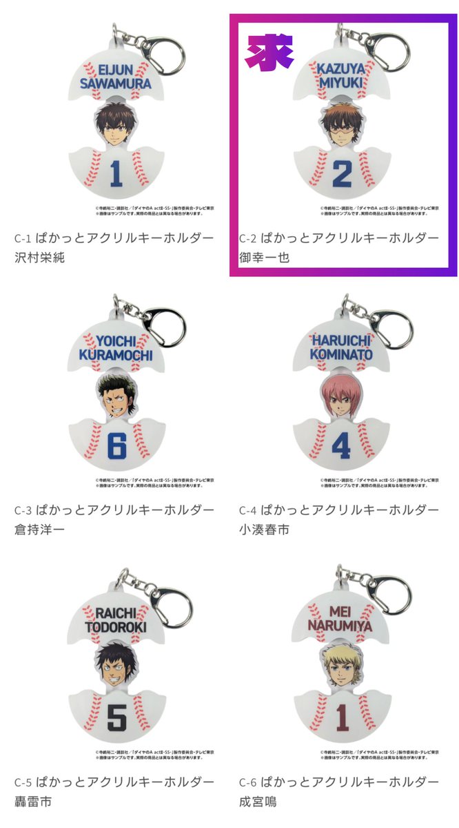 oshi_omukae_aka's tweet photo. 【交換】
ダイヤのA オンラインくじ アクキー 缶バッジ

【譲】
画像1枚目(B-3,5/C-1,4,5,6/D-1,4,5,6 沢村 倉持 小湊 轟 成宮)

【求】
画像2枚目(C-2 御幸)

郵送希望
ご不快でなければ賞違い・複数個での交換可
検索からでもお気軽にお声がけくださいませ
難しいかと思いますがよろしくお願いします https://t.co/dDLuoG2yAl