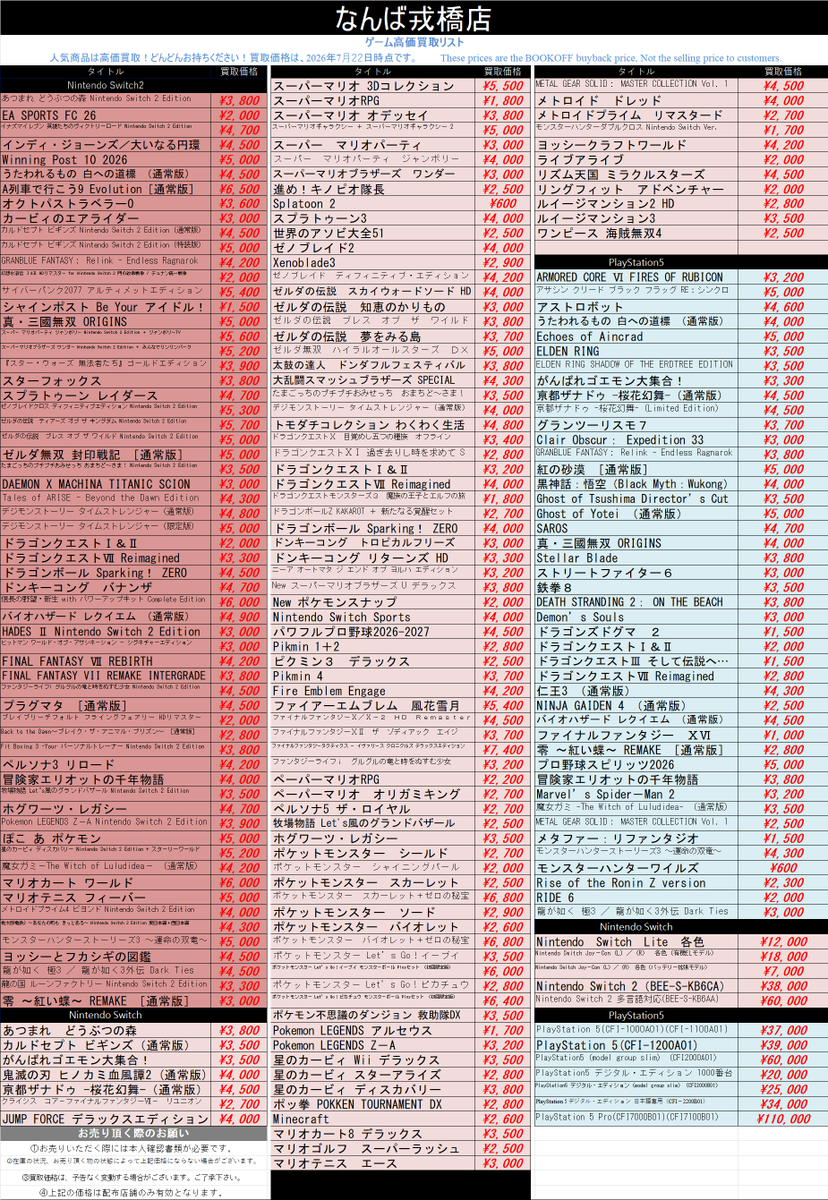 bookoffplusnmb's tweet photo. ‼️ゲームソフト高価買取‼️

#PS5 #switch2 #switch 
#高価買取 #ブックオフ #なんば #戎橋        

※買取価格は予告なく変動する場合がございます、 ご了承ください。 https://t.co/vpa6XbhMsD