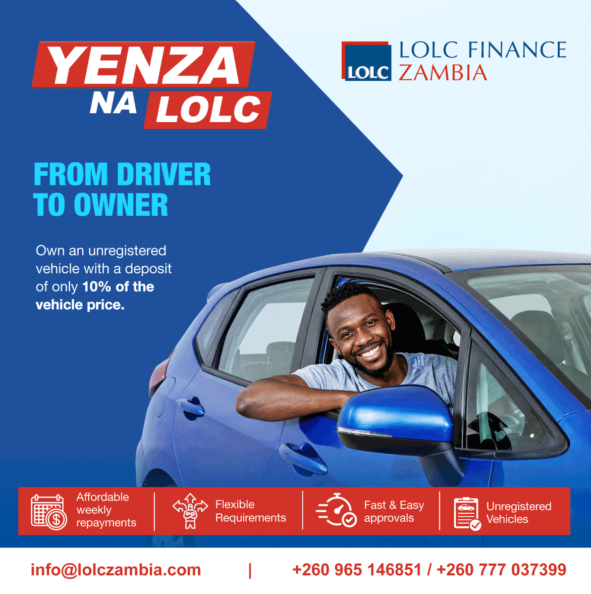 FinInsightZam's tweet photo. LOLC Finance Zambia is proud to announce the launch of Yenza Na LOLC.

With Yenza Na LOLC, taxi and ride-hailing drivers can own a budget-friendly vehicle with a 10% deposit of the total price and enjoy flexible repayment plans designed to match their weekly earnings.

Take the next step towards becoming your own boss and building a brighter future.

Visit LOLC Finance Zambia Head Office at Arcades Mall or Call us on 0965 146 852 / 0777 037 399.

LOLC Finance Zambia
Imagine the possibilities.