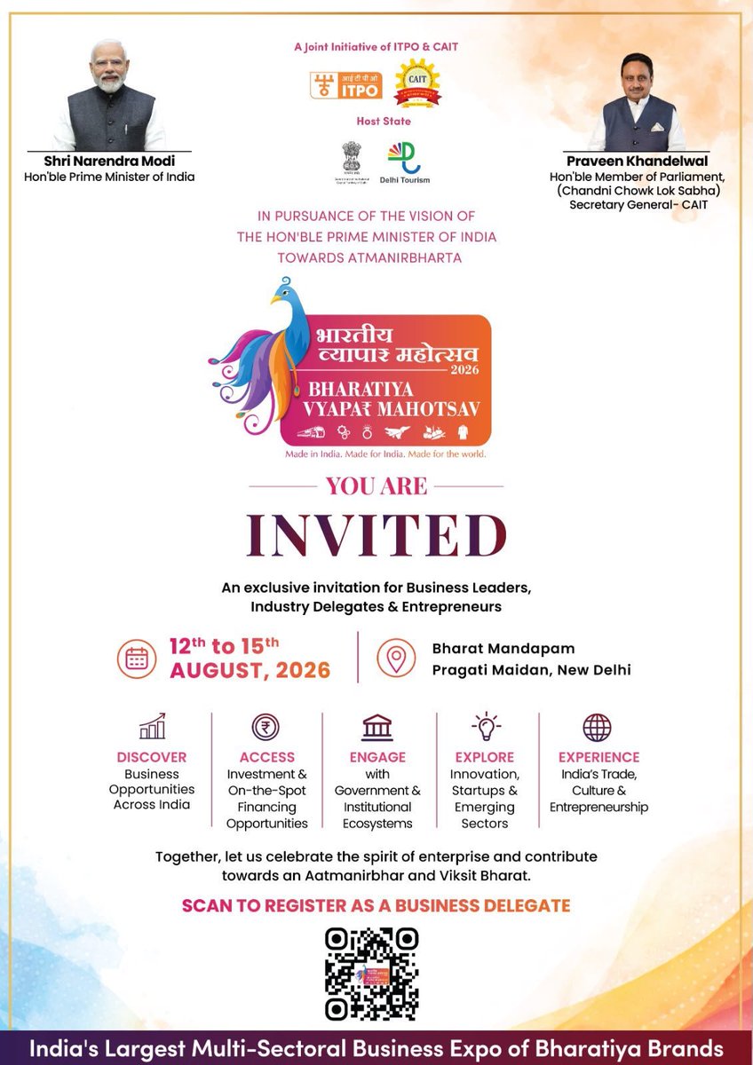 caitnww's tweet photo. 🇮🇳 Invitation to India’s Largest Business Gathering!

Join CAIT at Bharatiya Vyapar Mahotsav BVM 2026

📅 12-15 Aug 2026
📍 Bharat Mandapam, New Delhi

Network • Innovate • Grow
Vocal for Local | Aatmanirbhar Bharat

Register: #BVM2026 #VocalForLocal #AatmanirbharBharat https://t.co/pS2wziCmFq