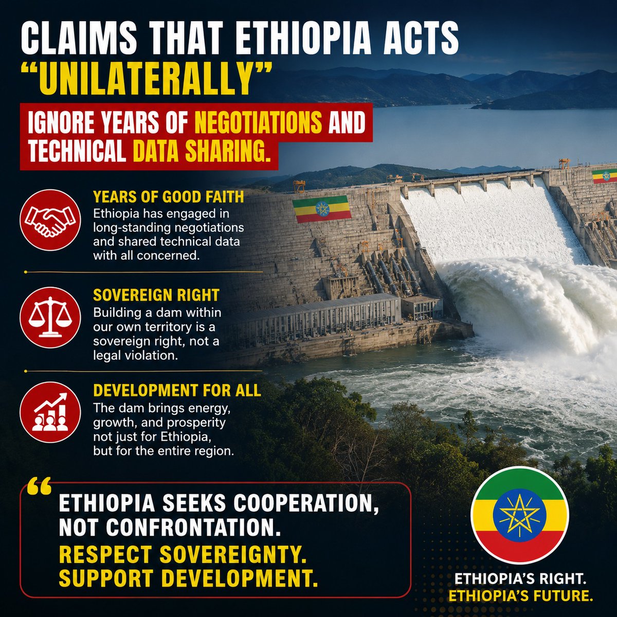jhonking1921's tweet photo. Claims that Ethiopia acts "unilaterally" ignore years of negotiations and technical data sharing. Building a dam inside one's own territory is a sovereign right, not a legal violation.

#FactCheck #GERD #Ethiopia https://t.co/3vn3UzsBTW
