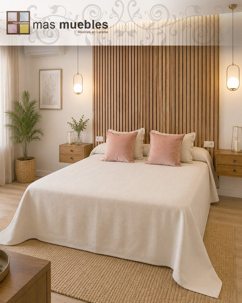 MasMueblesLuc's tweet photo. La calidez de la madera, los tonos suaves y la iluminación a ambos lados de la cama crean un ambiente sereno y acogedor. El panelado de lamas aporta personalidad a la zona del cabecero, mientras que las mesitas suspendidas ayudan a mantener una sensación más ligera y ordenada. https://t.co/oocuY443H5