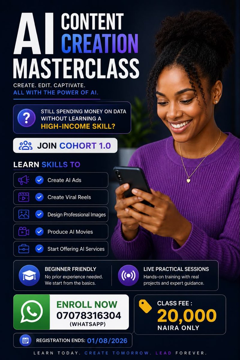 Emperorsam_'s tweet photo. @Bet9jaOfficial Your data can make you money.  
Every MB you spend can either drain you or build you.  
Choose to build.  
Join the AI Master Class and learn a high-income skill.  
Use my referral code: FTA7KQ2
Enroll on WhatsApp :07078316304 https://t.co/KC4vhgazvy