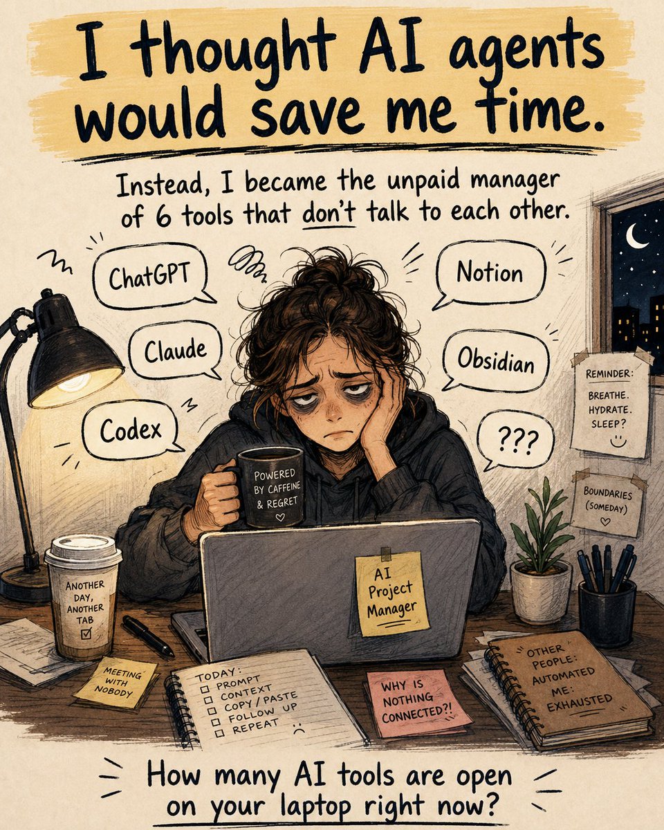 ronelyn120979's tweet photo. I thought AI agents would save me time. 
Instead, I became the unpaid manager of 6 tools that don’t talk to each other.🤷 https://t.co/t18yZNxX38