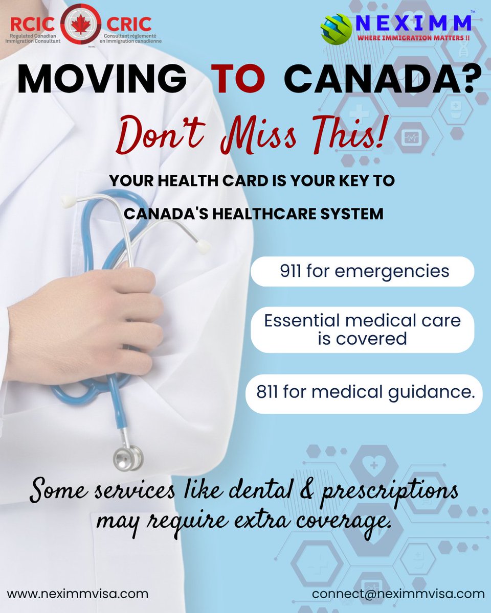 NeximmVisa's tweet photo. Moving to Canada? 
Understanding the healthcare system is one of the first steps to settling in with confidence.
Save this post for future reference and follow Neximm Immigration for more helpful tips on living in Canada.
#CanadaHealthcare #CanadaLife #CanadaImmigration https://t.co/VMHyTYUevk
