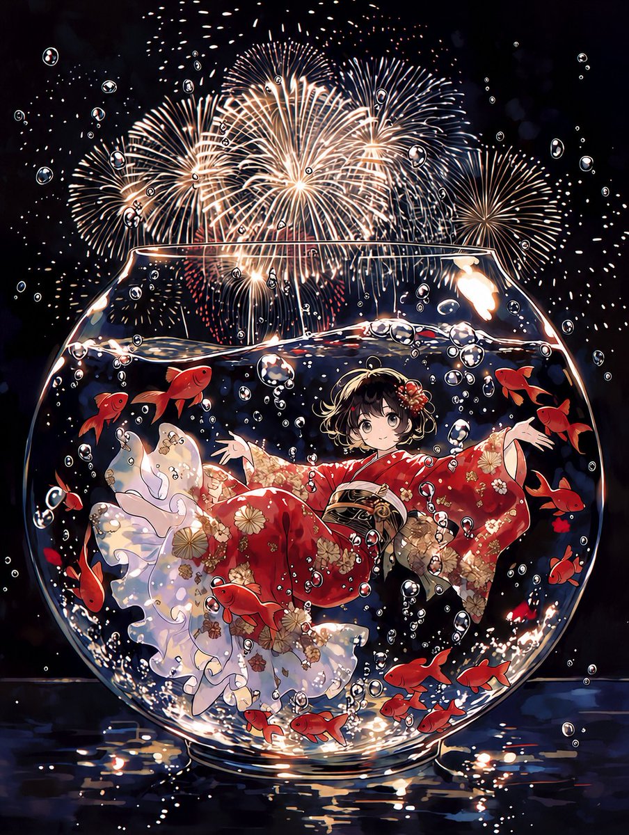veil_of_wind's tweet photo. こんばんは🌙
今日も暑いですね。

せめて、絵の中だけでも涼しく🎐
花火大会の季節になりましたね～🎆

金魚が主役の幻想小説、
『蜜のあわれ』を
少し意識してこの絵を作りました📚 https://t.co/NXdyoZlHpm