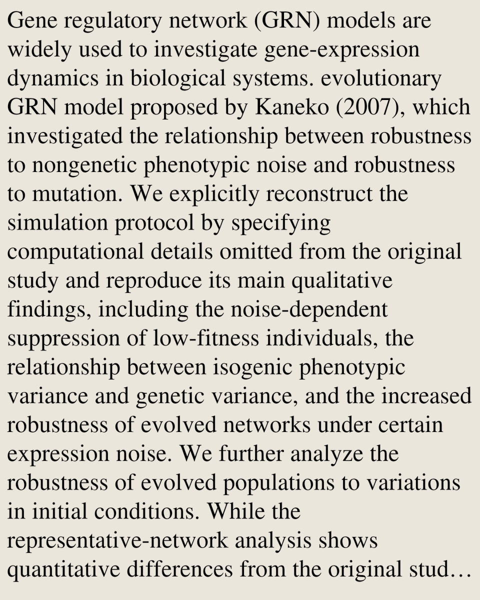 ENZN's tweet photo. A Reexamination of Noise-Driven Robustness Evolution in Gene Regulatory Networks

Momoko Amemiya, Ayaka Sakata
https://t.co/bQGuEDPJhD [𝚚-𝚋𝚒𝚘.𝙼𝙽 𝚗𝚕𝚒𝚗.𝙰𝙾] https://t.co/W3DLUOU54S