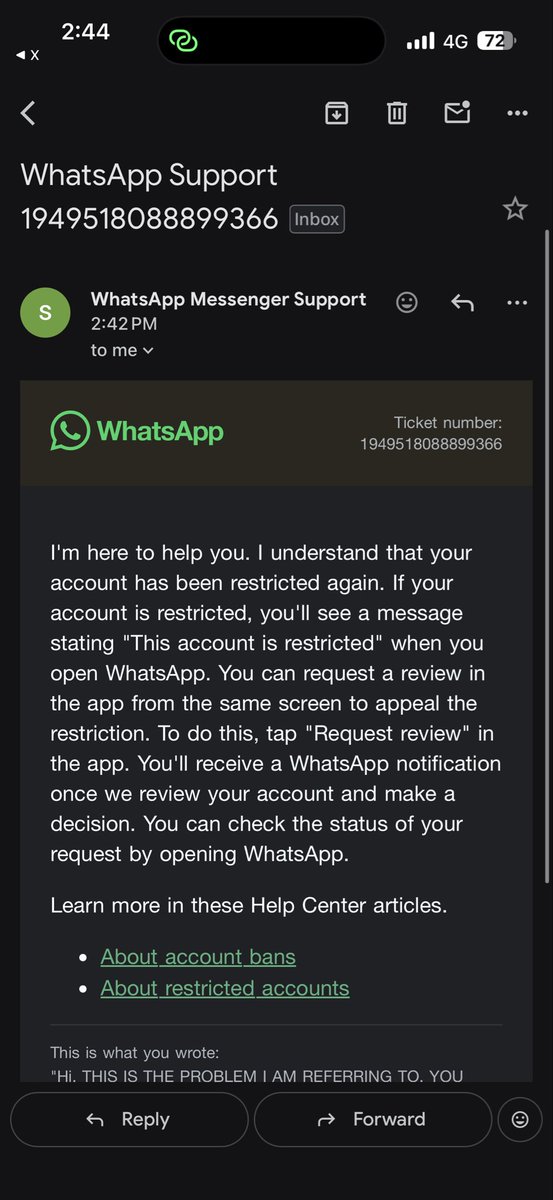 larcae_'s tweet photo. @WhatsApp is this the best your robot can do when your users account is repeatedly compromised and restricted for no reason. I have completed all basic troubleshooting and set up the secondary pin, but all your robot do is generating generic reply and tell me that they cant help https://t.co/Z2UogHV9oc
