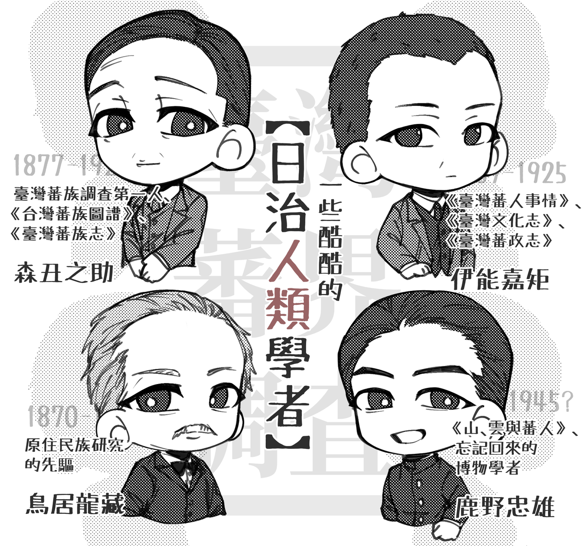 SumiSamuuu's tweet photo. 畫了一些酷酷的而且可能沒出現在你課本的日治學者 https://t.co/2oPrDZXoWm