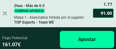 SerBets23's tweet photo. 🚨 SUREBET DETECTADA (7,38% - 8,17% ROI) 🚨
🎮 TOP Esports vs Team WE (Mapa 1 - Kills de Zhuo)

✅ 91€ Zhuo Más de 0.5 kills @1.77 (Speedybet)
✅ 59€ Zhuo Menos de 0.5 kills @2.75 (Bet365)

💸 Inversión: 150€ | 💰 Ganancia fija: +11,07€ / +12,25€ asegurados.

¡Superando el 7% de rentabilidad sin riesgo en los Esports! 📈🔥