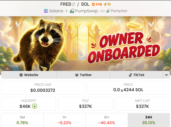 deg_ape's tweet photo. also bought small bag of $FRED at this dip 

as we are in Raccoon meta, and Jimothy already leading it way past 25M, we can't fade the most famous Raccoon

Fred died alongside P'nut in 2024. Rallied till 300M in '24 without owner onboarded. 

- owner is onboarded and pushing it 
- running the farm, feeding 600+ animals 
- raised over 150 sol so far 

$Jimothy is at 25M, $Fred deserves to hit million atleast

HEZTzupnyVebcpJ2PZem4DkStCdpdZCAENy7aUexpump