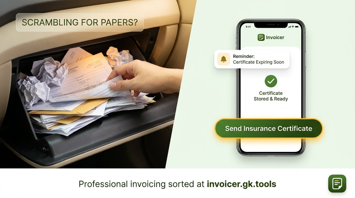 GK_Tools's tweet photo. Scrambling to find your public liability certificate when a commercial client asks for it? Invoicer keeps it stored right on your phone. Send it with one tap alongside your bill, and get reminders before it expires. Professional invoicing sorted at https://t.co/wqsqW31KhF https://t.co/FUV1WcY2gf