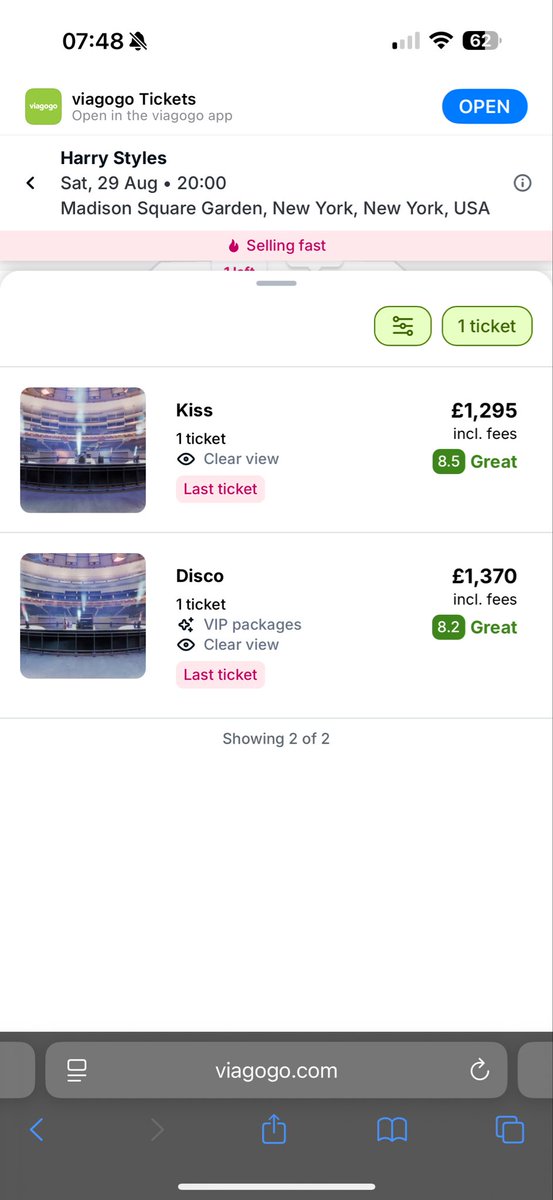 JulesM72's tweet photo. Public service announcement! When buying tickets from VGG use the .com website, rather than the app or .co.uk. The price difference is mental! This is for the same date! 1st pic is app, 2nd is .com, 3rd is .co.uk 😱 #HarryStyles #MSG #tickets https://t.co/abla2gqsLk