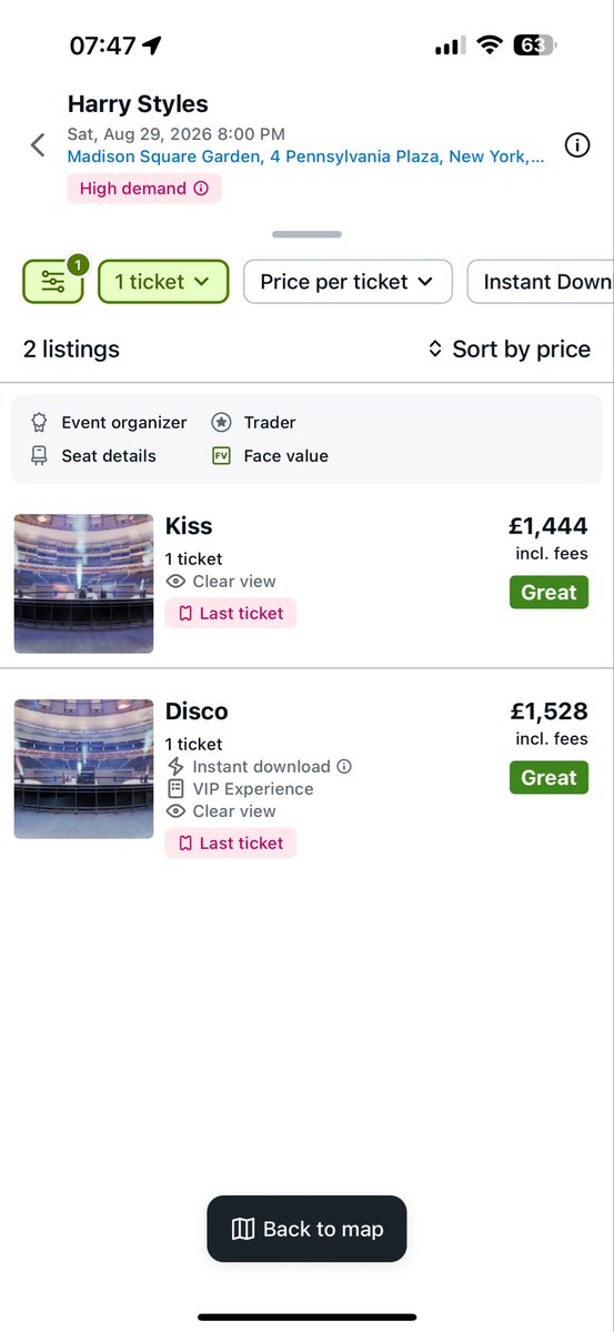 JulesM72's tweet photo. Public service announcement! When buying tickets from VGG use the .com website, rather than the app or .co.uk. The price difference is mental! This is for the same date! 1st pic is app, 2nd is .com, 3rd is .co.uk 😱 #HarryStyles #MSG #tickets https://t.co/abla2gqsLk