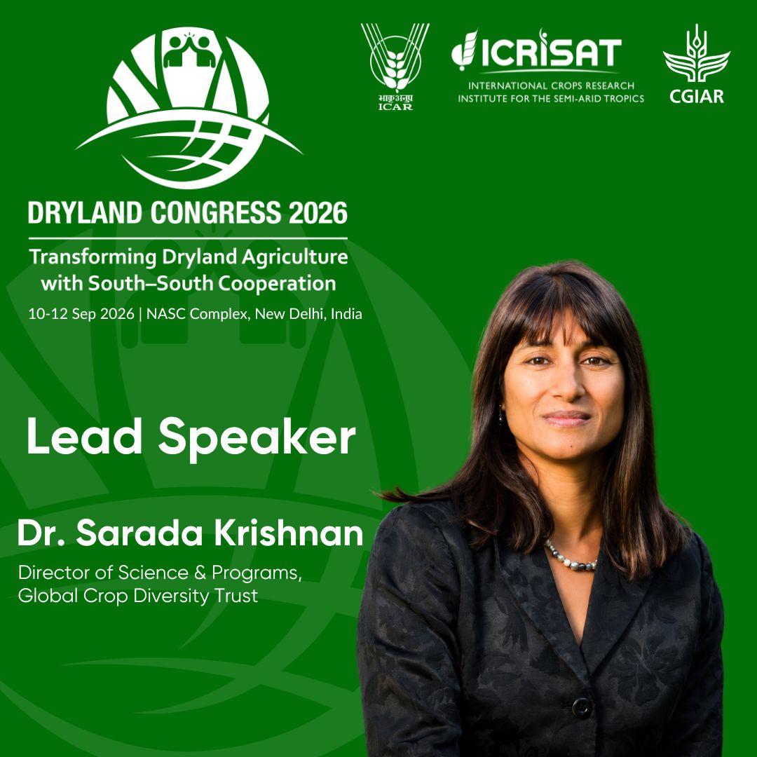 ICRISAT's tweet photo. Introducing Our #DrylandCongress 2026 Lead Speaker: Dr Sarada Krishnan

We are delighted to welcome Dr Sarada Krishnan (@KrishnanSarada), Director of Science & Programs at the Global Crop Diversity Trust (@CropTrust). 

A globally recognized expert in crop genetic resources and biodiversity conservation, Dr. Krishnan leads strategic programs dedicated to safeguarding the world's crop diversity for future generations. Her work spans agricultural development, food and nutrition security, coffee genetic resources, and the sustainable use of plant biodiversity. 

Join us at the 2nd Dryland Congress 2026 to hear from global thought leaders shaping the future of dryland agriculture.

https://t.co/vAILniihbC