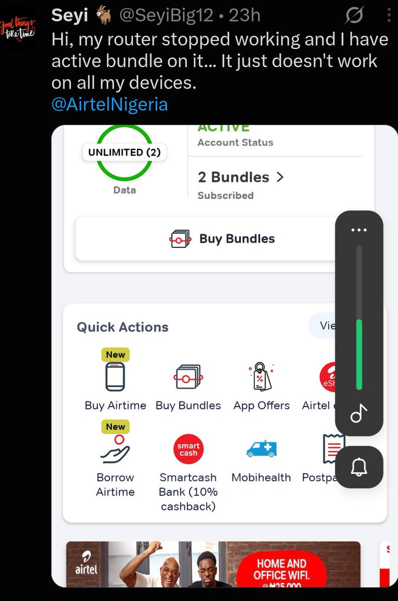 SeyiBig12's tweet photo. @AirtelNigeria why would you blatantly lie that my issue is solved yet I didn't get any response from your DM after sending the number? Even after calling your customer care, nothing was resolved only to get a text that it is. I have 2 active bundle yet the router is not working https://t.co/nyqtucYBVX