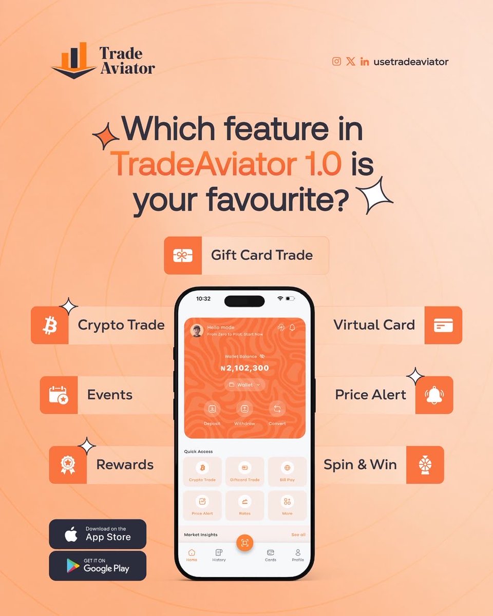 usetradeaviator's tweet photo. What’s your favourite feature in the TradeAviator App?
Gift Cards 💳 | Crypto Trade 🚀 | Virtual Cards | Events 🎉 | Rewards 🏆 | Price Alerts 📈 | Spin &amp; Win 

Drop your favourite in the comments below! 👇
Download the TradeAviator App now — link in bio! 🔗
#usetradeaviator https://t.co/QuHEj5KYQZ