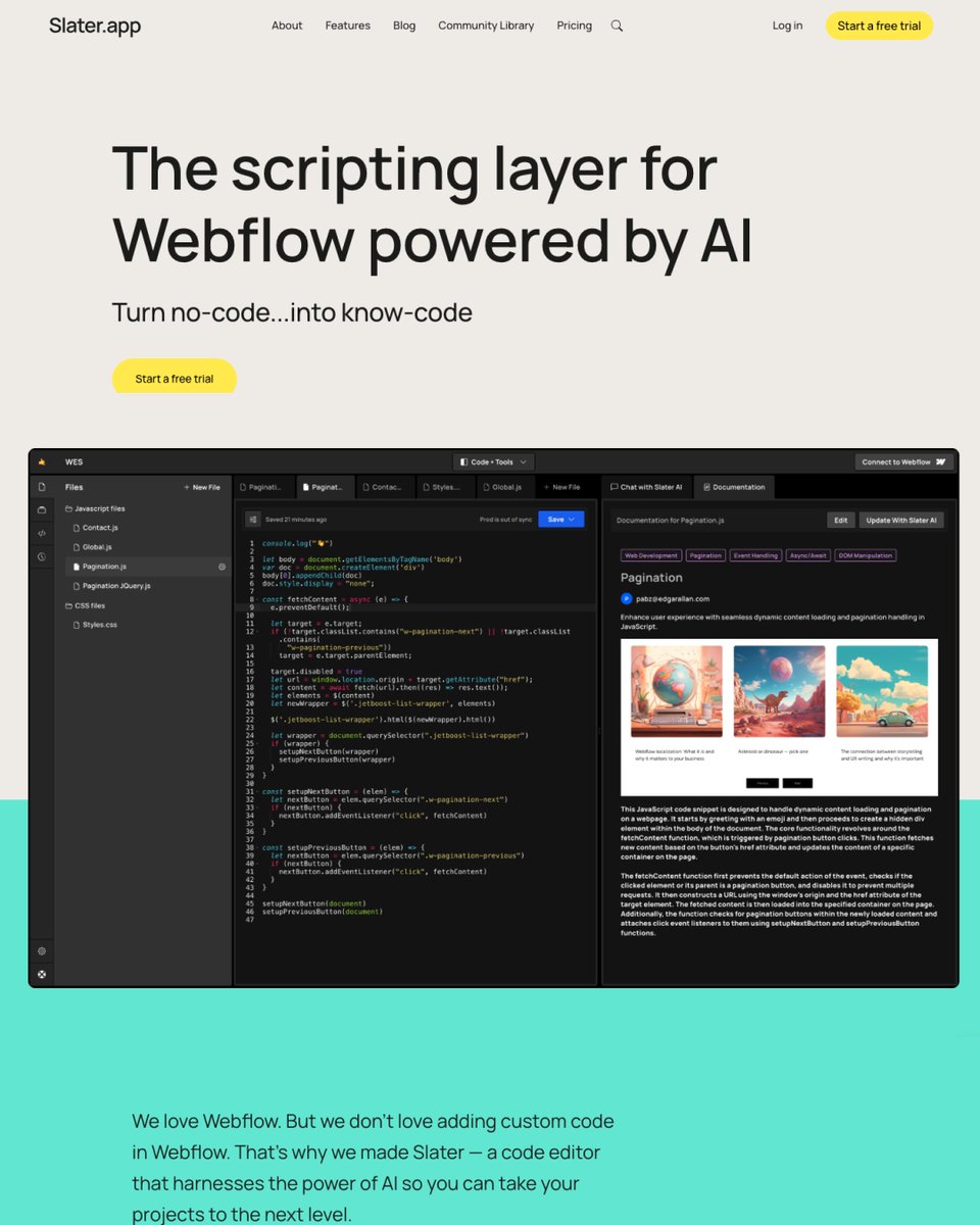 uiuxshowcase's tweet photo. 🚀 Tool Spotlight: Slater AI

If you build in Webflow, this one's worth bookmarking.

Slater AI lets you write, manage, and deploy custom JavaScript &amp; CSS with AI assistance—without leaving your workflow.
Check it out: https://t.co/FdtfrkansI https://t.co/DvznLfozE6